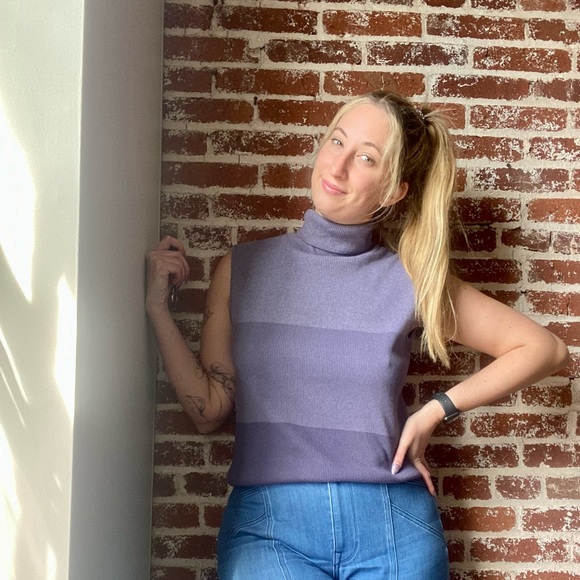90s purple color block sleeveless turtleneck - Picture 3 of 7